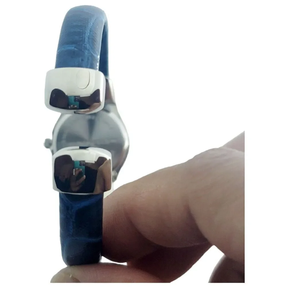 Miyota Quartz Women‎ Watch Cobalt Blue Rhinestone Crystal Face Silver Cuff Band